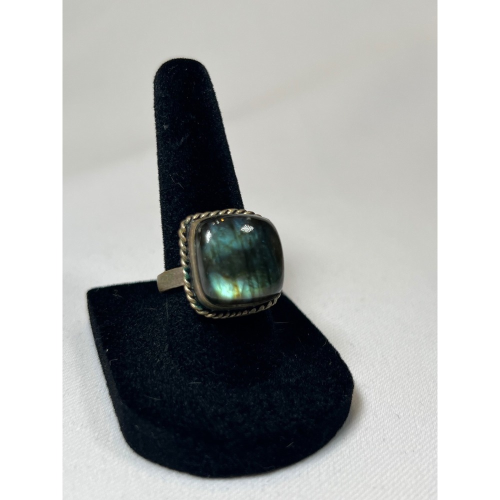 Vintage Sterling Silver 925 Square Labradorite Cabochon Rope Twist Ring Size 8.5
